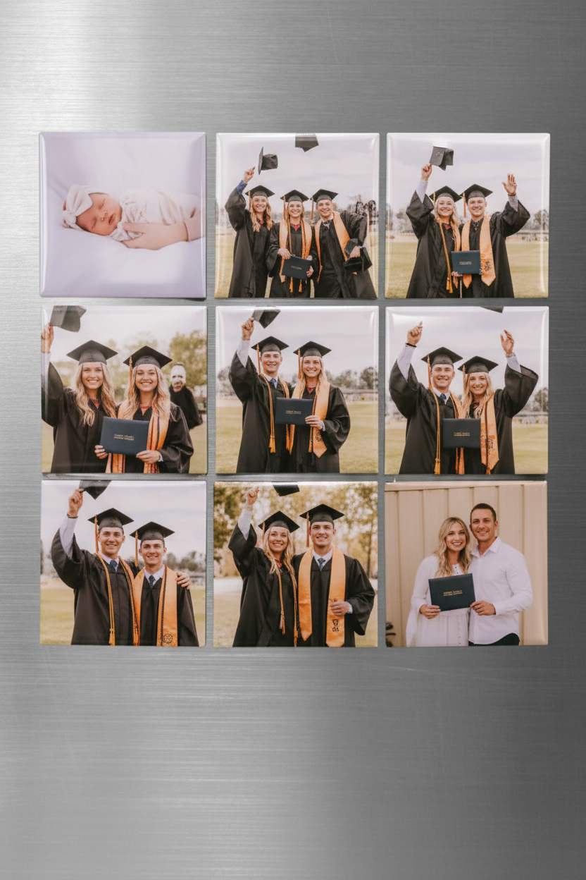 Graduation photo magnets on a fridge