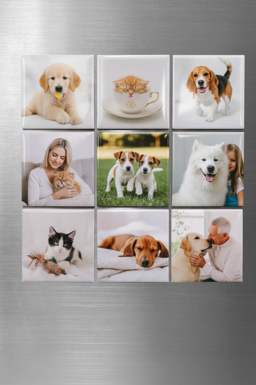 Pet photo magnets on a fridge