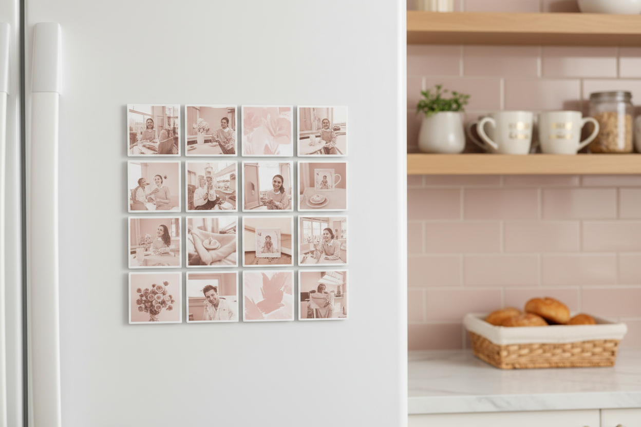 Uniform square picture magnets on a fridge