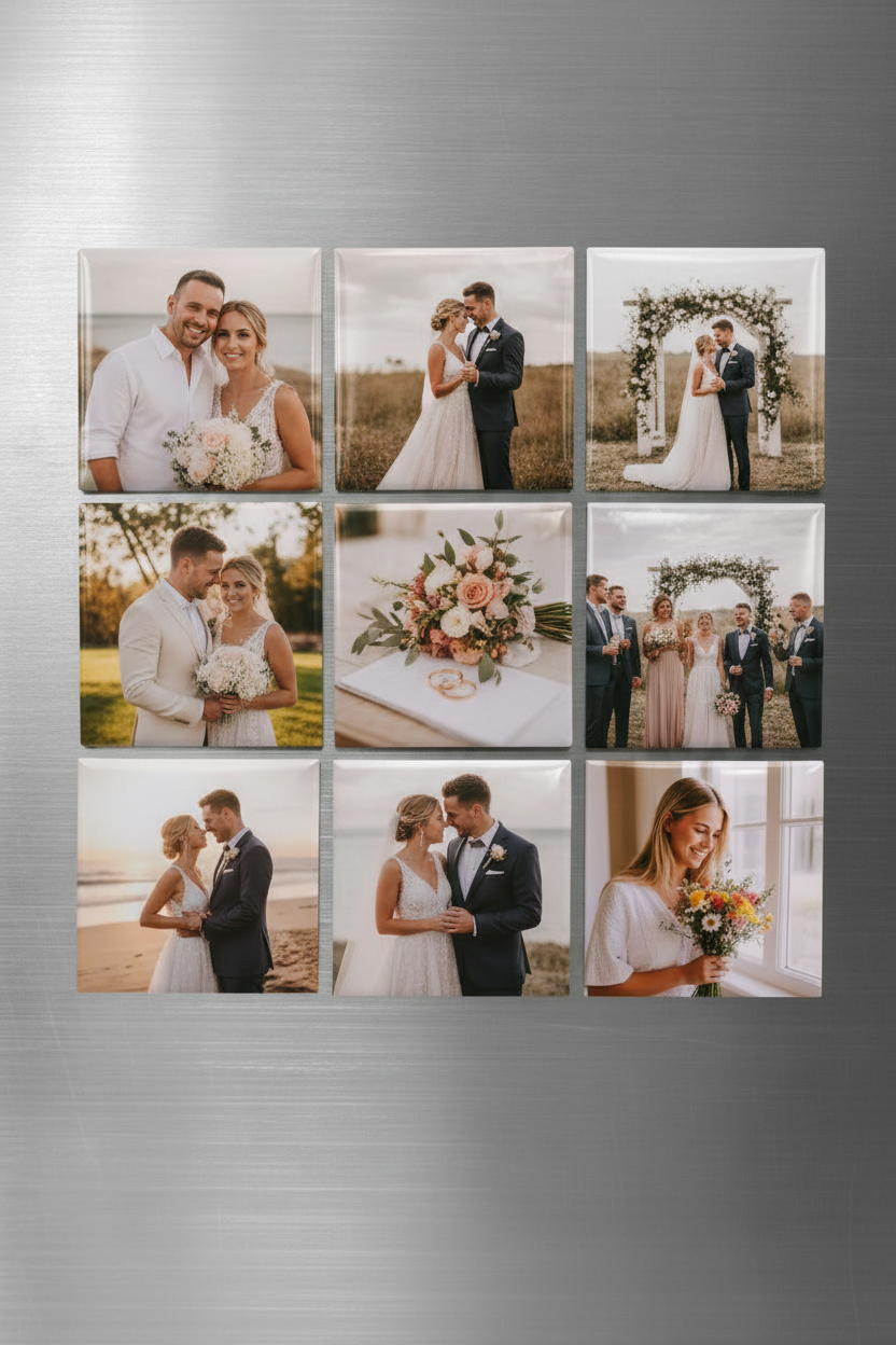 Wedding photo magnets on a fridge